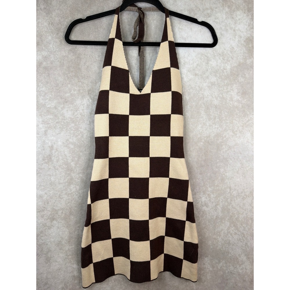 Peppermayo Dress Womens S/M Brown Cream Checkered Halter Knit Mini Retro PM